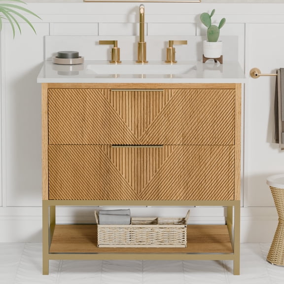 Tile & Top Waymart 30" Bathroom Vanity Single Basin White Quartz Top Undermount Sink 2 Soft-Close Drawers Brown Oak Finish 31 in W x 22 in D x 34.5 in H
