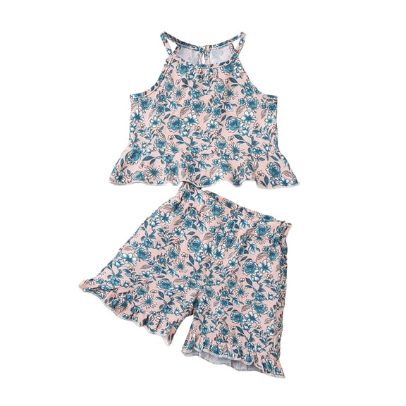 kpoplk Baby Girl Outfits Set Toddler Girl Summer Sleeveless Bow Vest Top Girl Print Shorts Clothes Set Size 5-6 Years,Blue