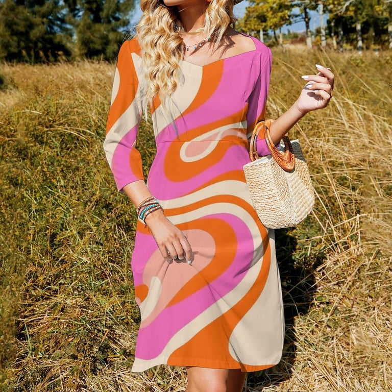 Abstract Swirls Orange Pink Cream Women's Fall Dresses Casual Loose Flowy  Swing Shift Dress - Walmart.com