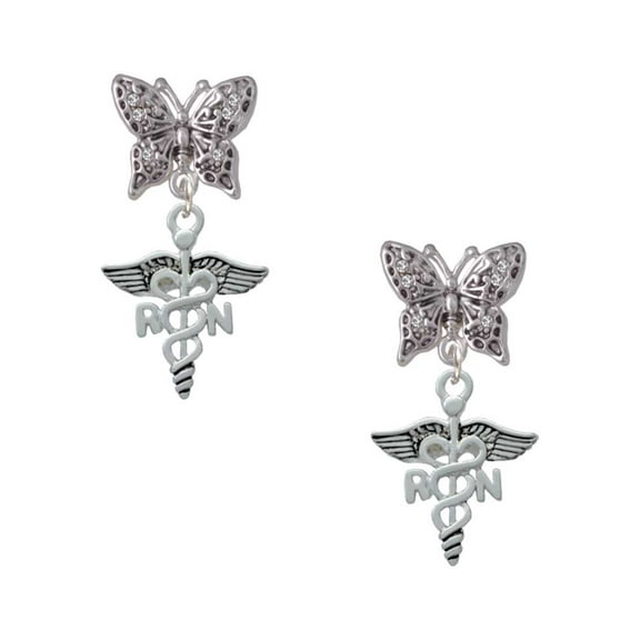 Delight Jewelry Silvertone Registered Nurse Caduceus Silvertone Antiqued Butterfly Post Earrings