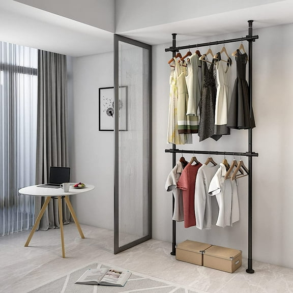 Heavy-Duty Floor to Ceiling Drying Rack, 2 Tier Adjustable Freestanding Clothes Organizer with Double Rods, No-Drill Closet Rack for Home Use(Black)
