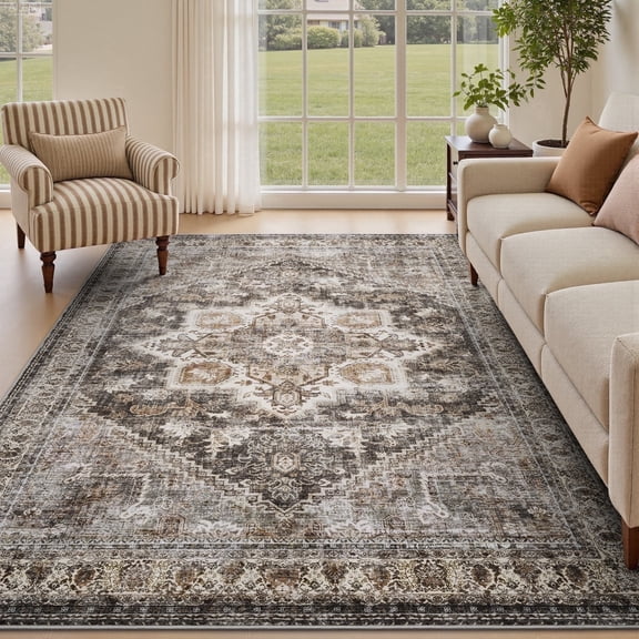 SIXHOME 8'x10' Area Rug Washable Retro Living Room Bedroom Carpet Soft Floral Distressed Indoor Rug Brown