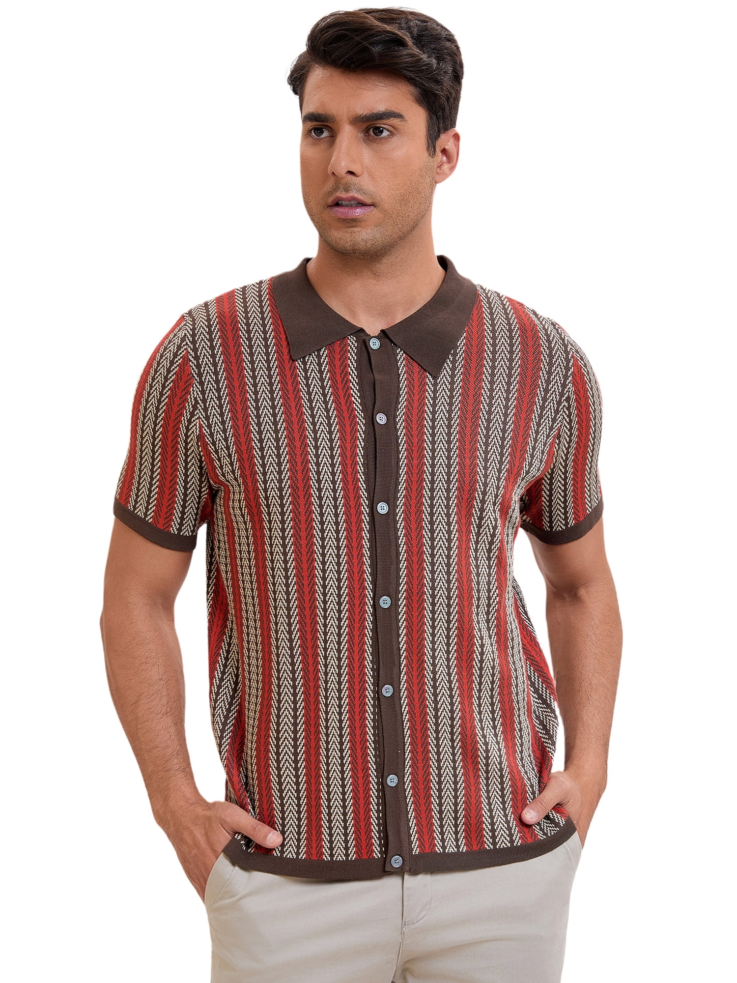 DARING DIVA Men's Striped Short Sleeves Button Down Jacquard Polo Shirts M Dark Brown