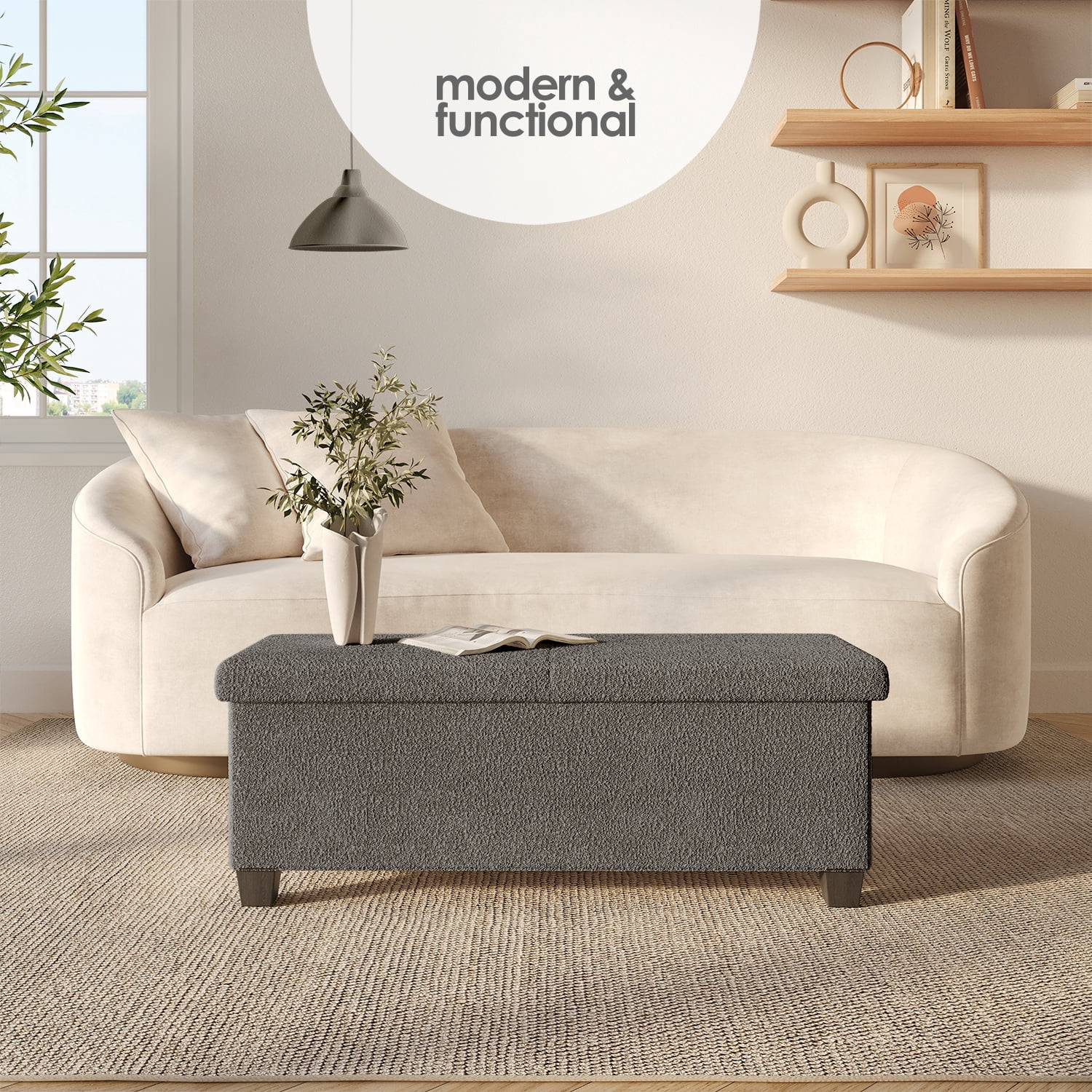 Hearth & Harbor Storage Ottoman Bench, Boucle 43" Ottoman with Storage , Grey