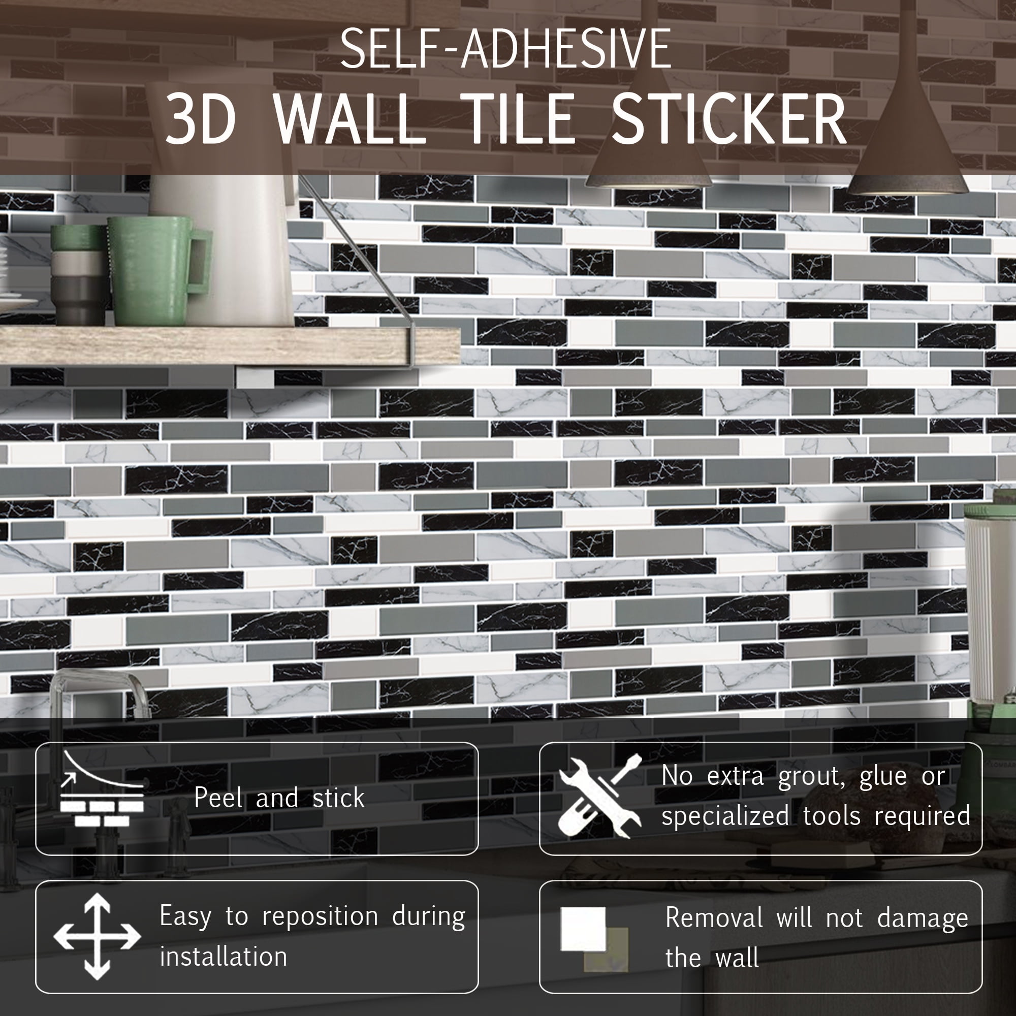 10-Sheet Peel and Stick Backsplash Tile, Stick on Tiles Backsplash for Kitchen & Bathroom Waterproof Self-Adhesive Vinyl Wall Panels