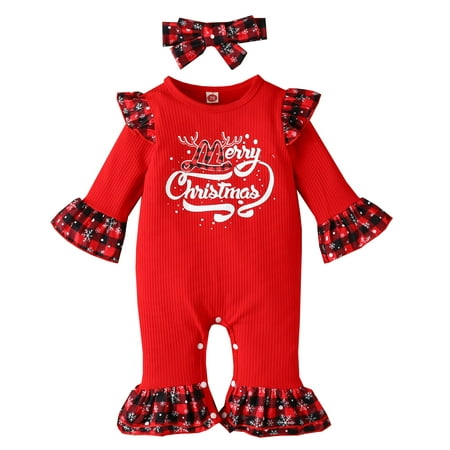 

Toddler Girls Bodysuits Girls Flare Sleeve Christmas Romper Xmas Letter Plaid Printed Jumpsuit Headbands Set For 3-6 Months