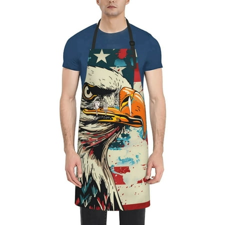 

Pofeuu Retro American Eagle Print Waterproof Apron with Pockets Adjustable Cooking Aprons Kitchen Bib for Baking Household Cleaning