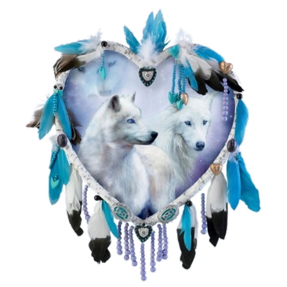 The Bradford Exchange Mystic Devotion True Hearts Dreamcatcher Collection Issue #7 Image of White Wolves Artwork by Carol Cavalaris 9 1/2-inches