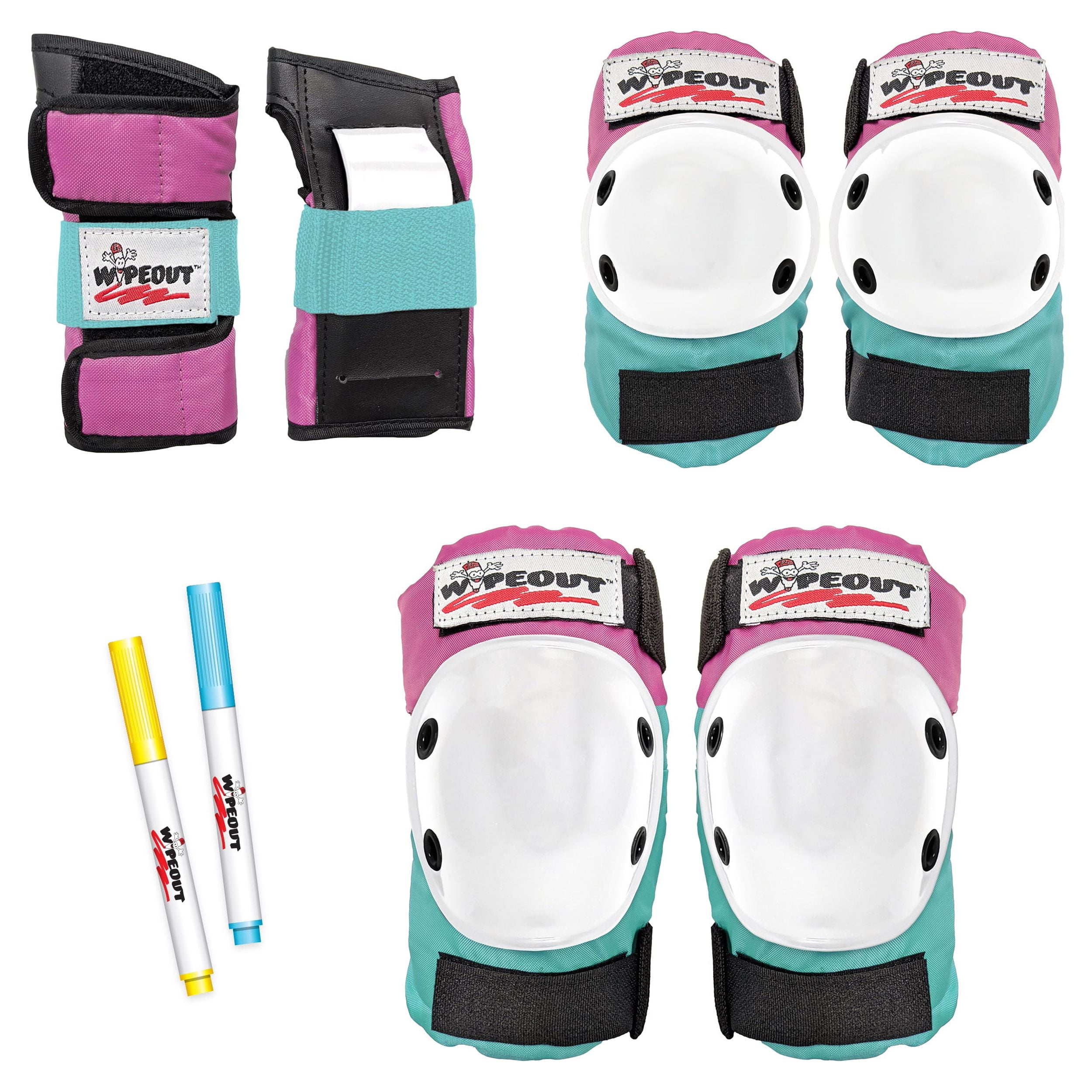 Wipeout 3 Pack Set with Wrist Guards, Knee and Elbow Pads for Bike, Skate, and Scooter, Pink/Teal