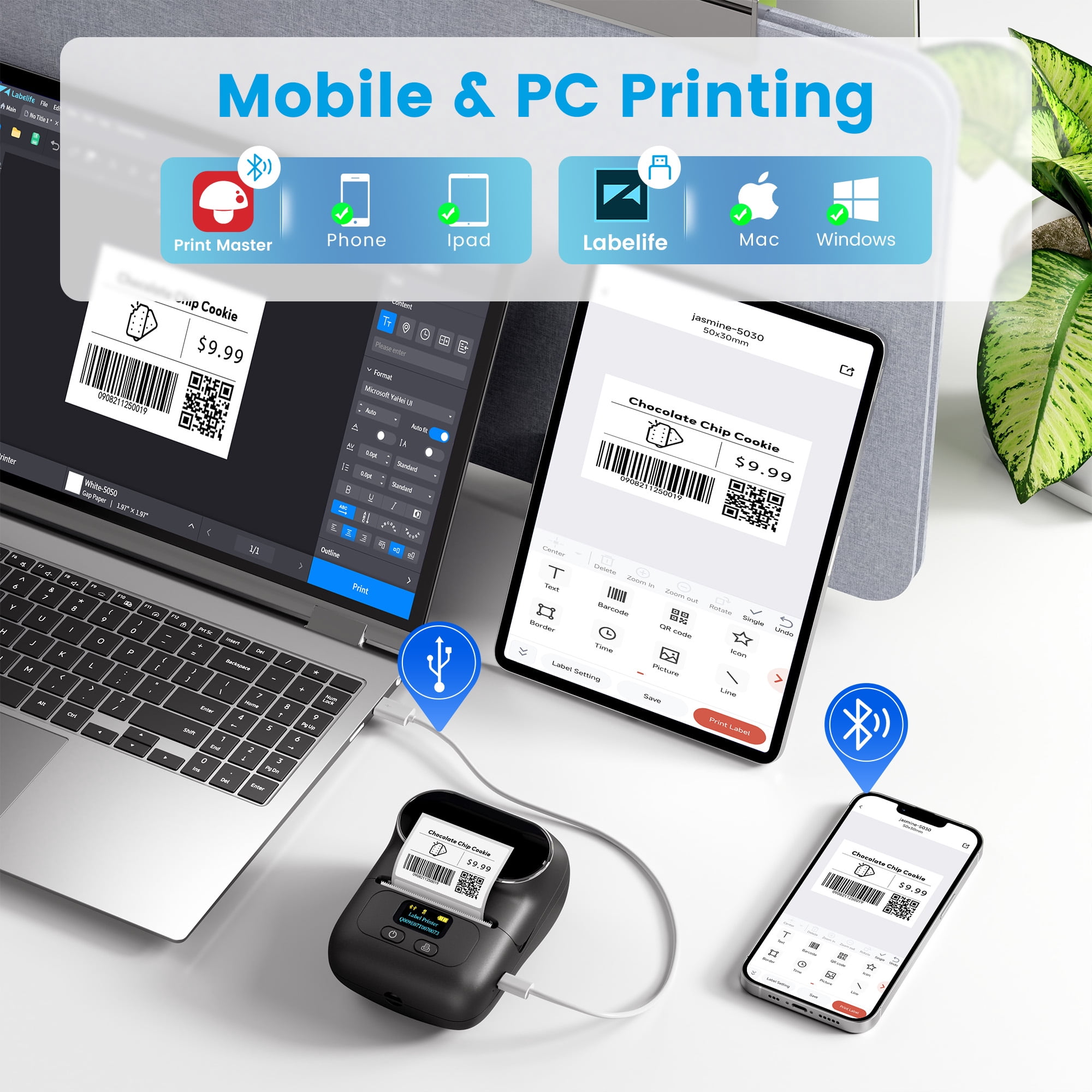 Phomemo M110 Label Maker Machine with Tape Barcode Printer Bluetooth Portable Thermal Printer, Wireless Label Maker with 100 Labels, for Small Business, Shipping, Clothing Tags & Mailing(Black)