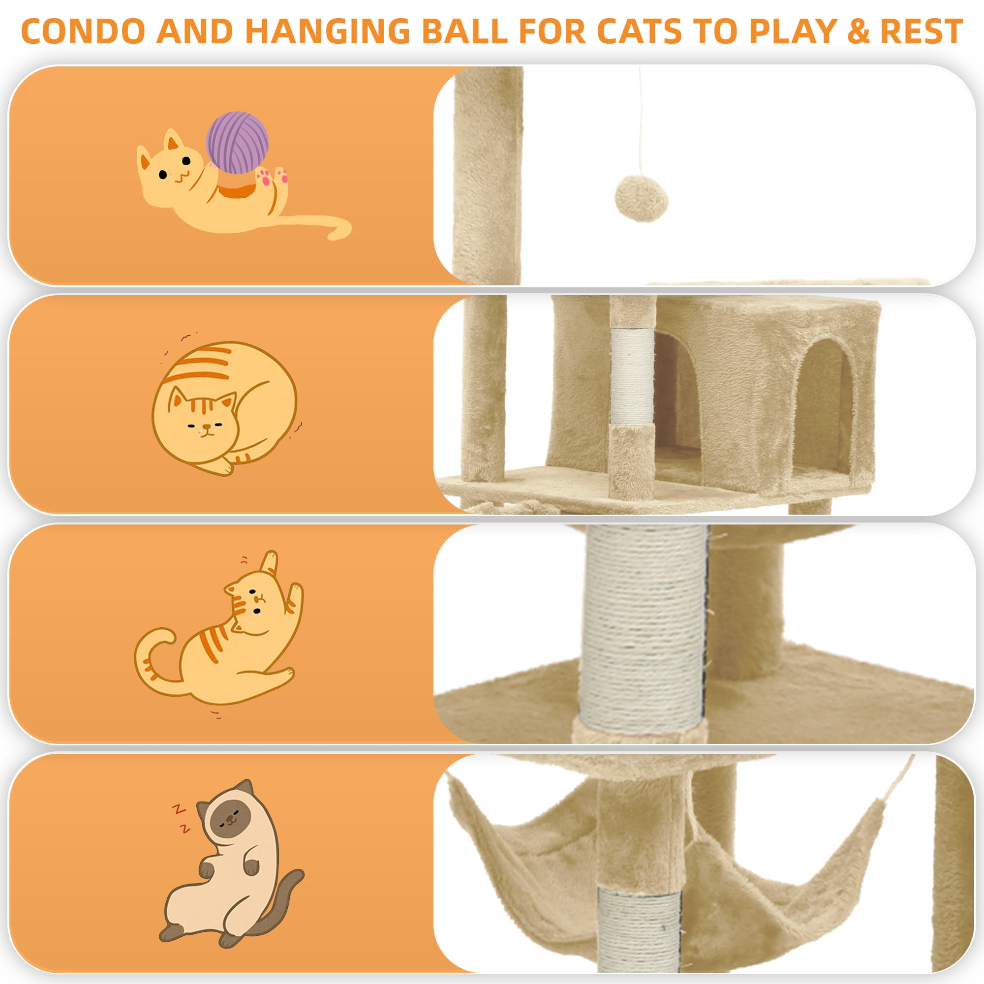 Uforic 75"Cat Tree for Large Cats ,Multi Level Play Tower Condo with Scratching Posts &Cat Caves & Comfortable Hammock, Pet Play Center, Beige