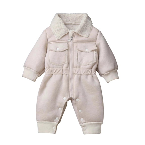 AHTJRT Kids Zip-Up Jumpsuits Warm Sherpa Fleece Lined Snowsuits Overalls with Flap Pockets Lapel Rompers with Adjustable Leg Cut Beige 0-1 Years