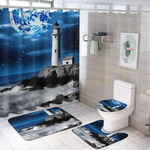 4 Pcs Bathroom Shower Curtain Set,Bathroom Sets with Rugs (Bath Mat,U Shape and Toilet Lid Cover Mat), Lighthouse and Moon Bathroom Decor Set