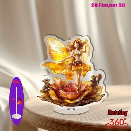 [2D flat] 1PC Rotating acrylic centerpiece featuring a sun fairy in a rose dish with playful squirrels perfect for home, office, or special events