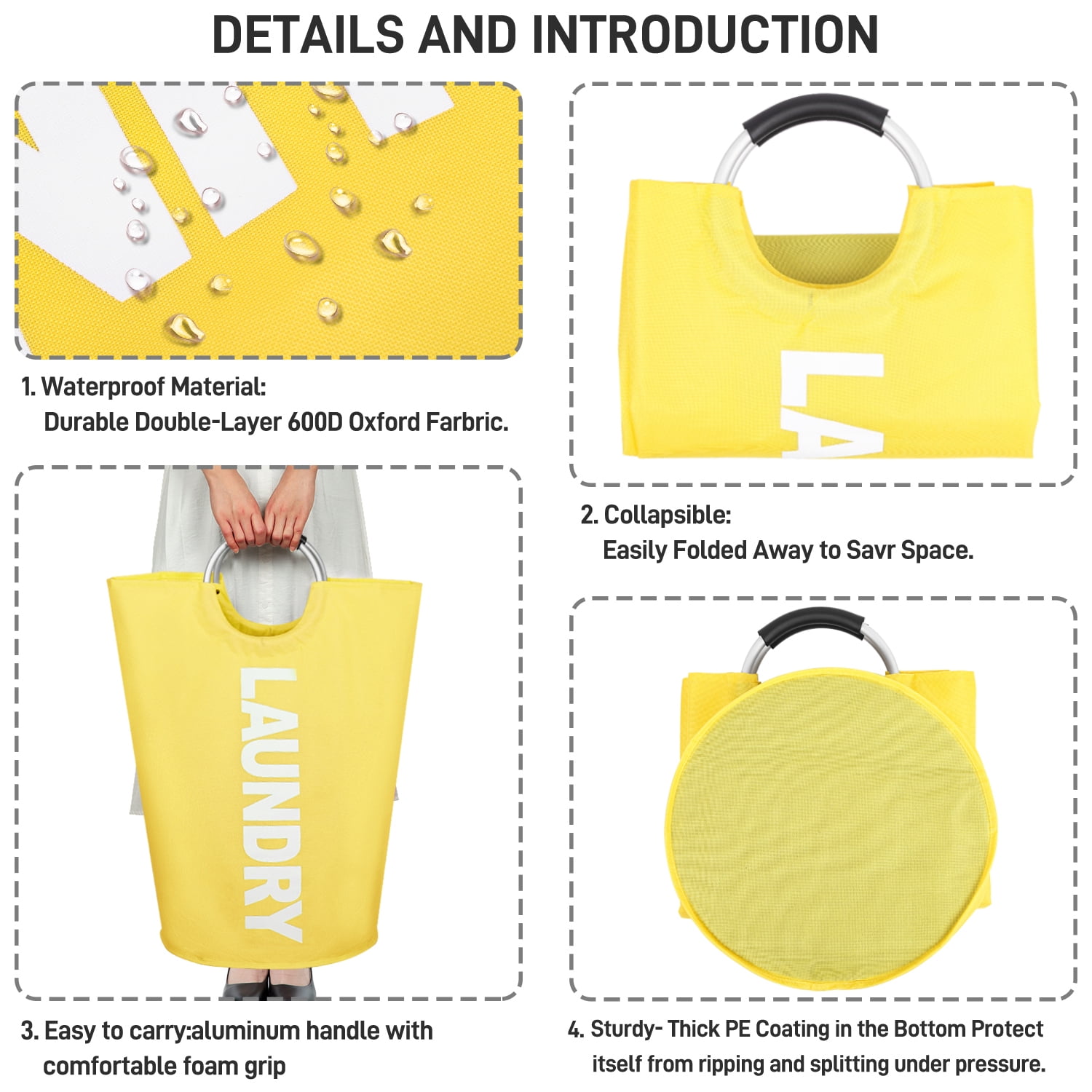Laundry Basket, Roiroiko Waterproof 115L Large Collapsible Fabric Laundry Hamper, Foldable Clothes Storage Washing Bag Washing Bin with Alloy Handles for College Bathroom Travel (Yellow, XL)