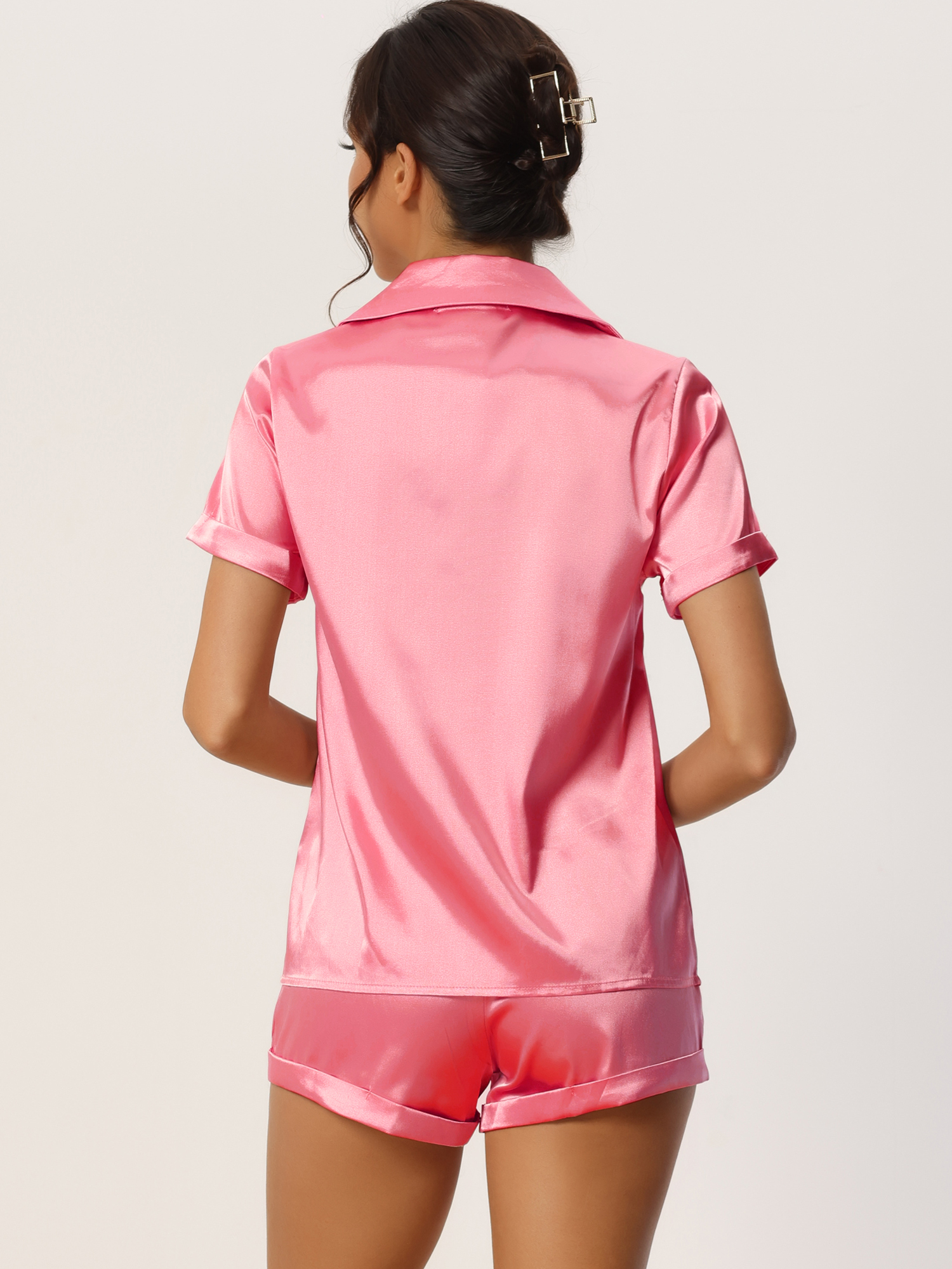 DARING DIVA Women's Satin Pajama Set Button Shirt and Shorts Loungwear Light Pinks XL