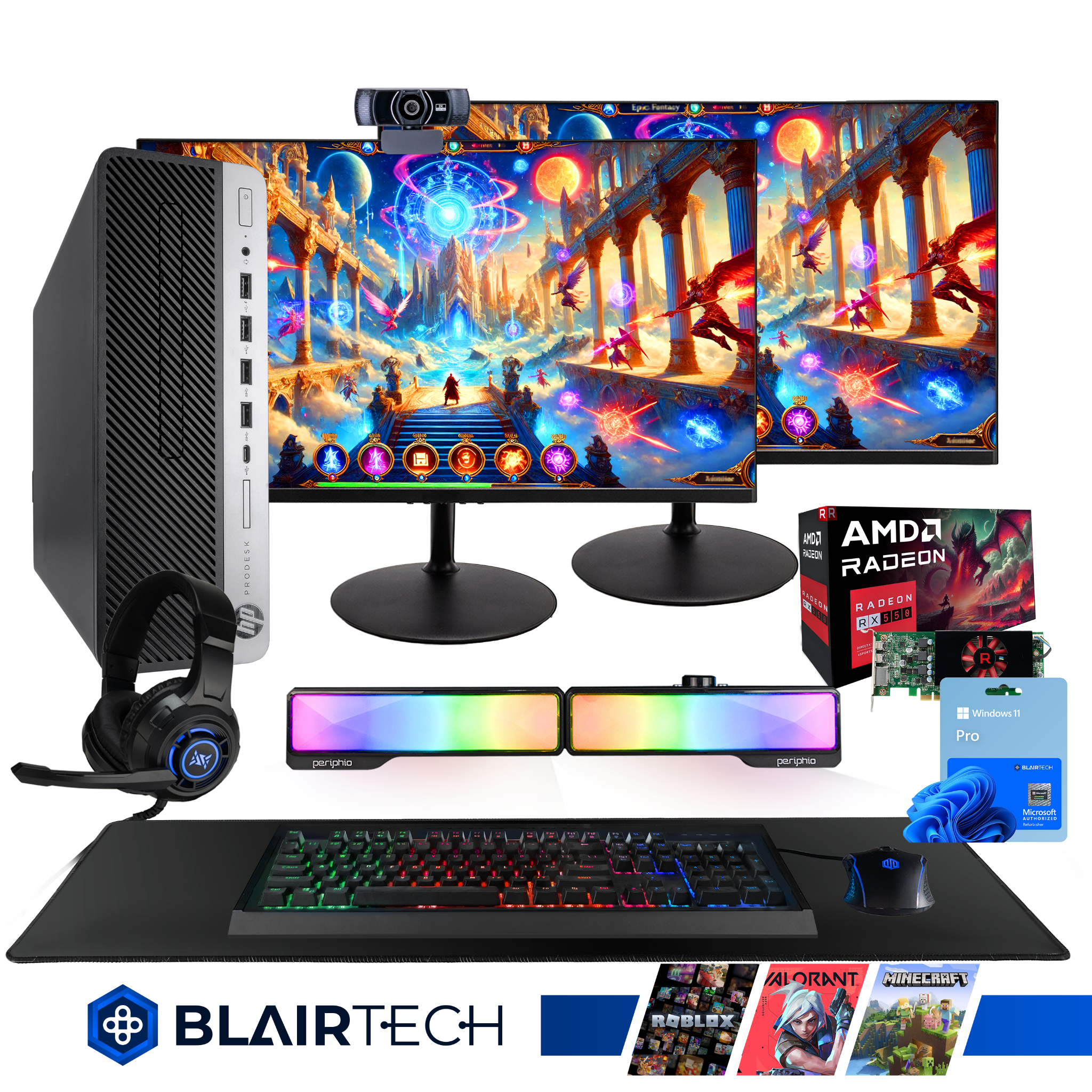 Restored HP 600 G4 Windows 11 Gaming PC Bundle - Intel Core i5, 16GB RAM, 512GB SSD, AMD RX 550, Wifi 6 AX200 - RGB Periphio Keyboard, Mouse, Soundbar, & Headset - 2x 24" New Monitors (refurbished)