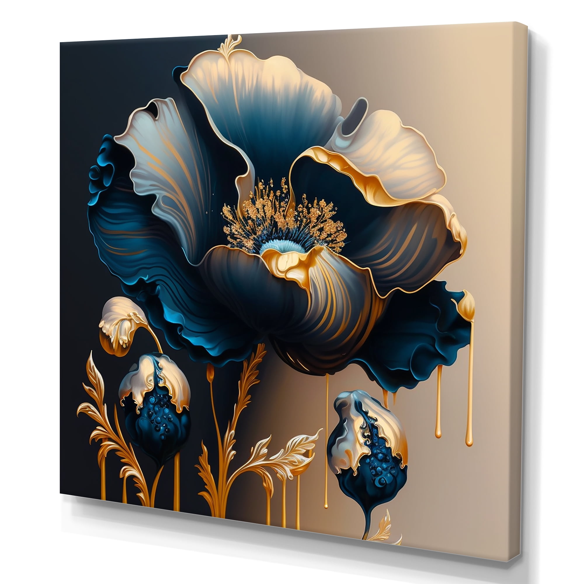 Designart Deep Blue And Gold Single Flower V Canvas Wall Art - Walmart.com