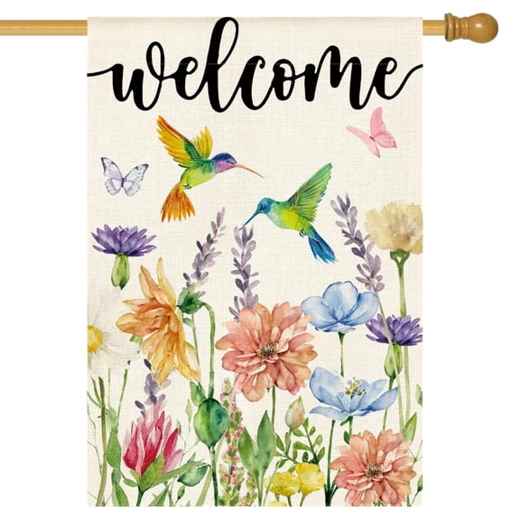 Sinkoo Hummingbird Spring Flowers House Flag 28 x 40 Inch Double Sided, Seasonal Welcome Yard Outdoor Flag