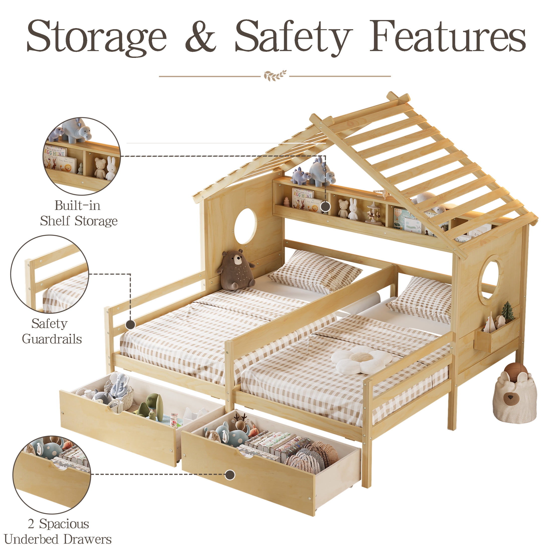 Noble House Twin Kids House Bed with Two Side-by-Side Beds, Bookcase and Under-Bed Drawers, Natural