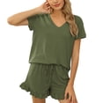 thumbnail image 2 of Women Short Sleeve Pajama Set Casual V Neck 2 Piece Lounge Set with Elastic Drawstring for Spring Summer OD Green S, 2 of 5