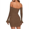 thumbnail image 7 of Womens Sexy Off Shoulder Ruched Bodycon Mini Dress Ruffle Long Sleeve Chest Lace-Up Dress Party Club Short Dresses, 7 of 7