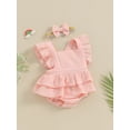thumbnail image 3 of FEORJGP Infant Baby Girls Rompers Dress 6M 9M 12M 18M Newborn Square Neck Jumpsuit Dress Solid Color Fly Sleeve Skirt Hem Bodysuits with Headband Toddler Cute Casual Summer Clothes, 3 of 9