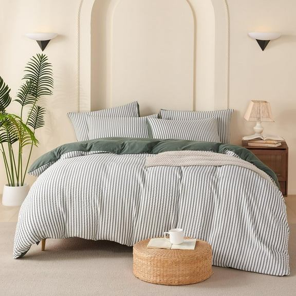 Green Queen Size Comforter Set Striped Soft Washed Microfiber Jacquard 3 Pieces Striped Bedding Sets Green White Comforter Queen for All Seasons and 2 Pillowcases Comfort Breathable