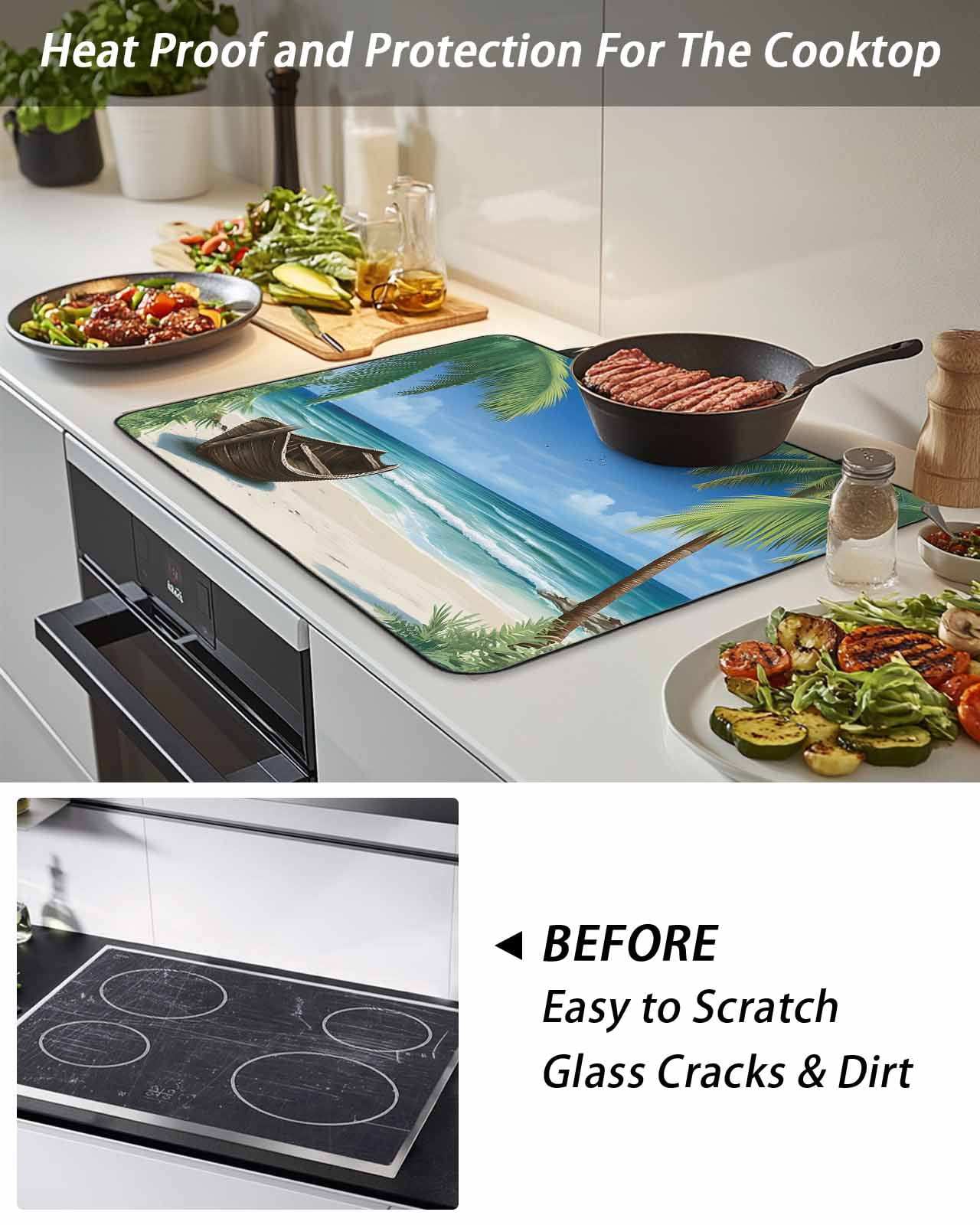 Stove Top Covers for Electric Stove, Ocean Beach Glass Stovetop Cover Protector, Blue Coastal Palm Tree Nautical Sailboat Induction Cooktop Protector Oven Mat for Kitchen Countertop 24"x21"