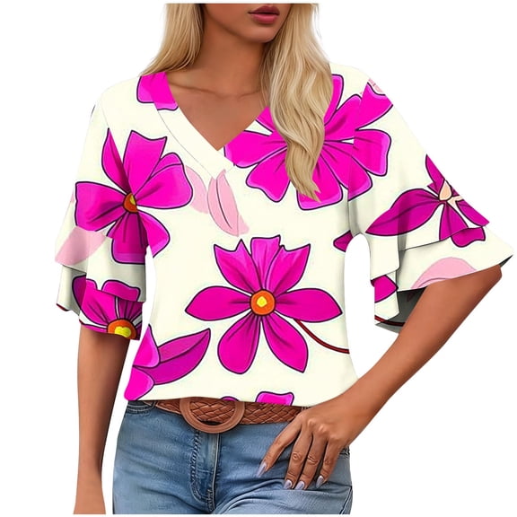 Karymi Summer Tops for Women Fashion Short Sleeve Flower Print Tops V Neck Loose Pullover Double Sleeve T Shirts Regular Fit Tops for Women