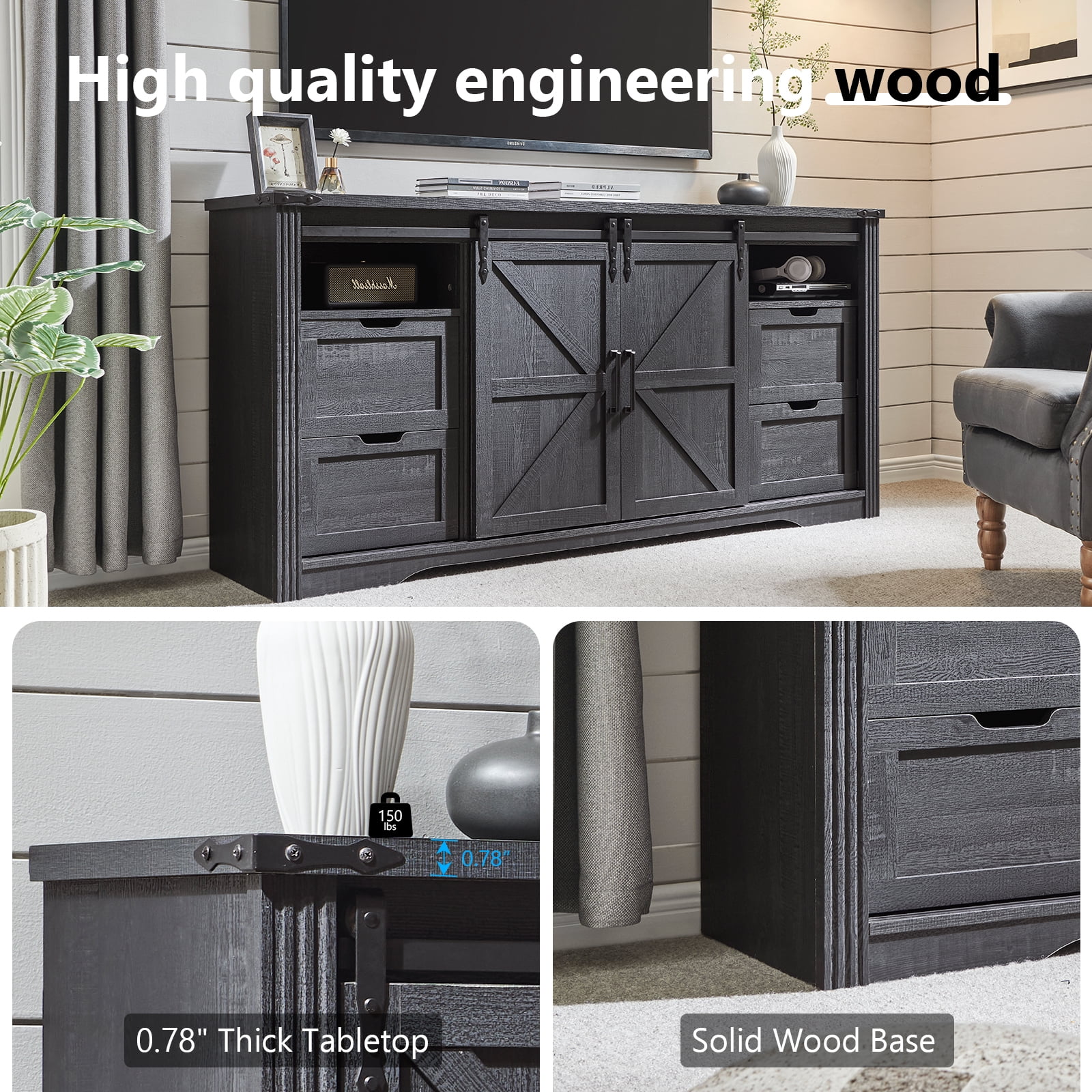 T4TREAM Farmhouse TV Stand with 4 Drawer for TVs up to 75", Farmhouse Entertainment Center with Adjustable Shelves & Barn Door, Black