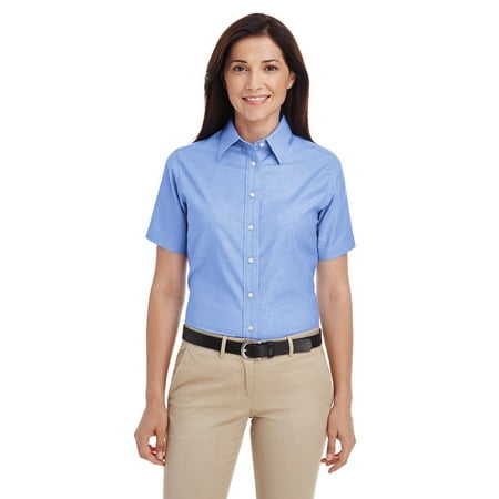 Light Gray Oxford - Branded Harriton Ladies Short Sleeve Oxford Shirt with Stain-Release - LIGHT BLUE - 2XL (Instant Saving 5% & more on min 2)