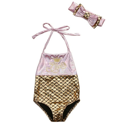 

Sunisery Newborn Baby Girl Mermaid Swimwear Toddler Kids Fish Scales Mermaid One piece Swimsuit Headband Gold 2-3 Years