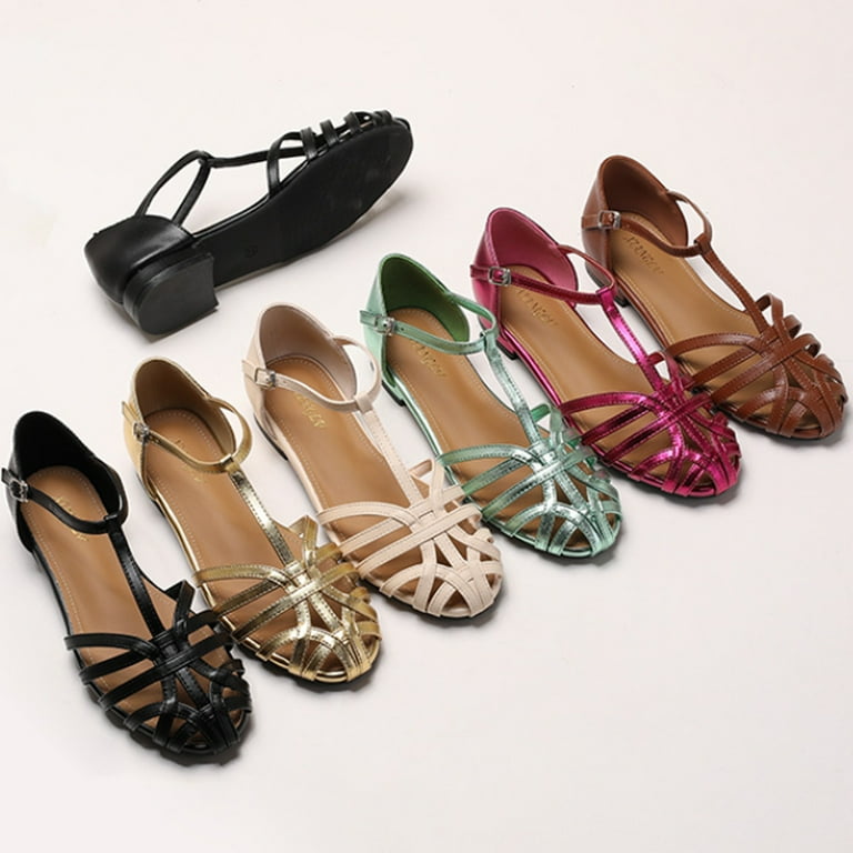 Women's Leather T-Strap Roman Sandals - Flat Fisherman Sandals With Adjustable Buckle, Summer Casual Beach Shoes
