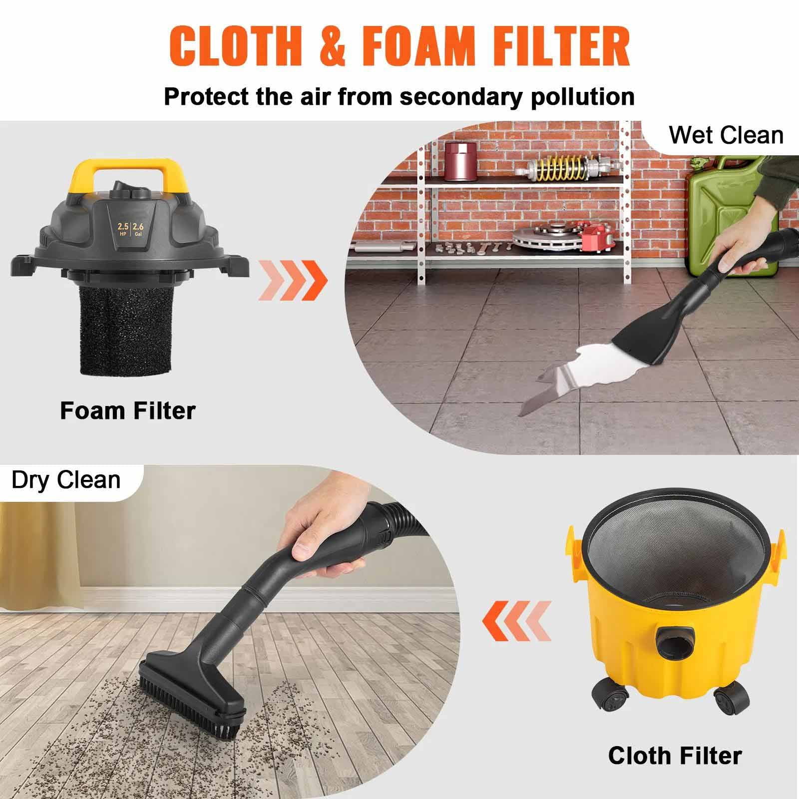 Wet Dry Vac 2.6 Gallon 3 in 1 Portable Shop Vacuum with Blowing Function, Attachments Storage, Perfect for Cleaning Floor, Upholstery, Gap, Car