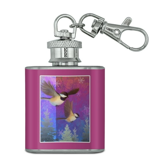 Christmas Holiday Chickadees Birds Stainless Steel 1oz Mini Flask Key Chain