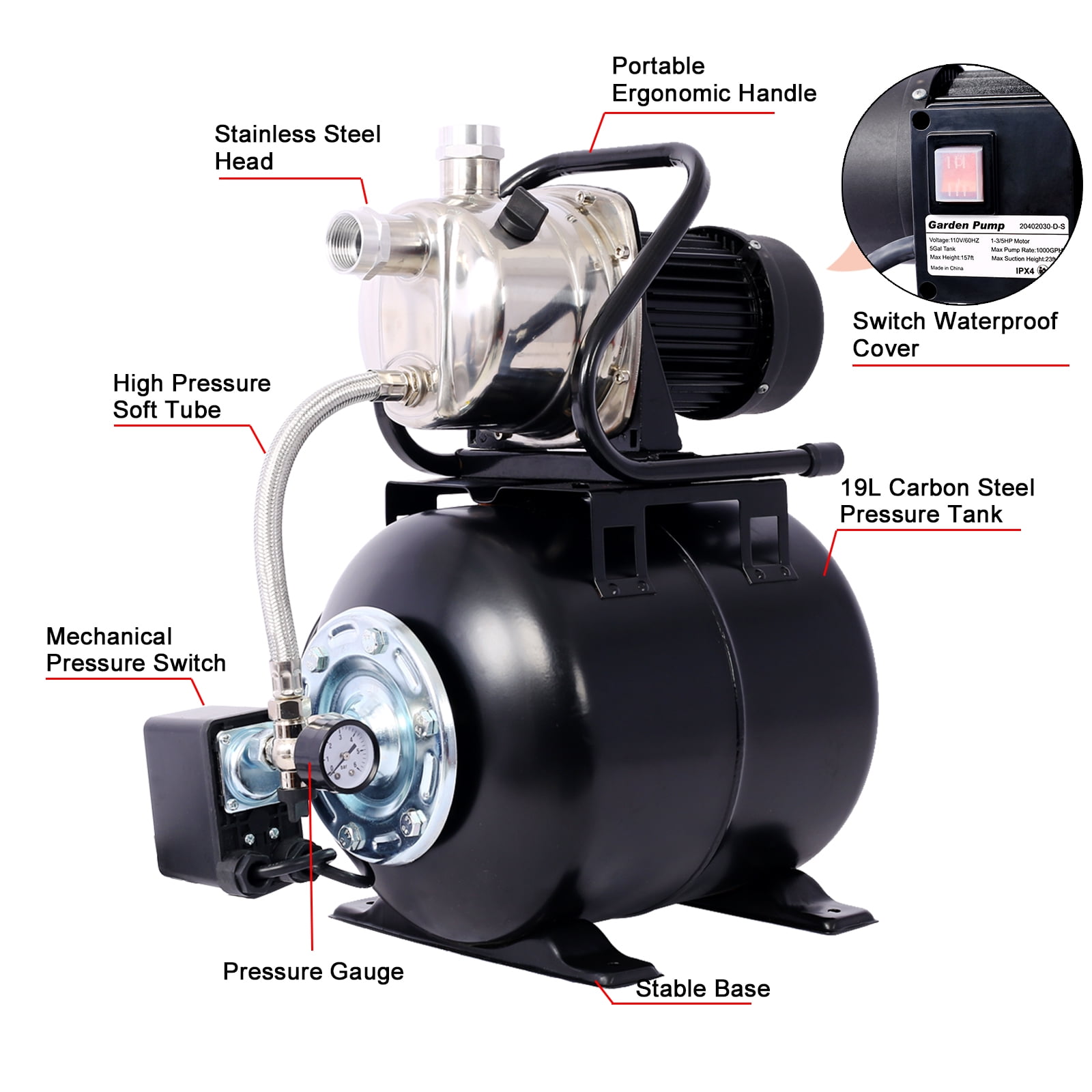LuckyNote 1.6HP Shallow Well Pump with Pressure Tank, Automatic Water Booster Pump for Home Garden Lawn Farm, Stainless Steel Head, Black