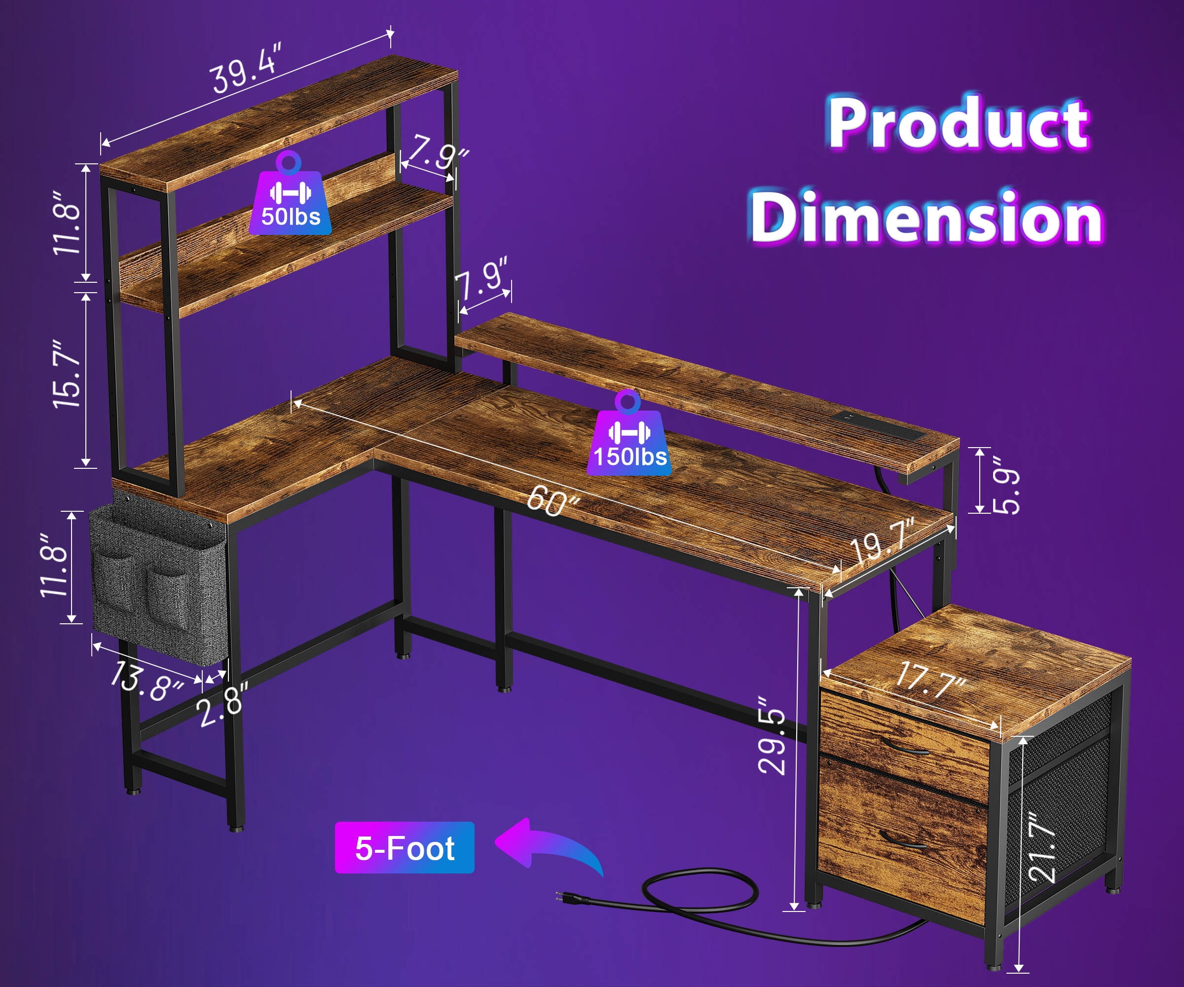 GUNAITO L Shaped Gaming Desk with CPU Stand, 71" Corner Computer Desk,Reversible Office Desk with File Drawers Cabinet,3-Tier Shelf,Rustic Brown