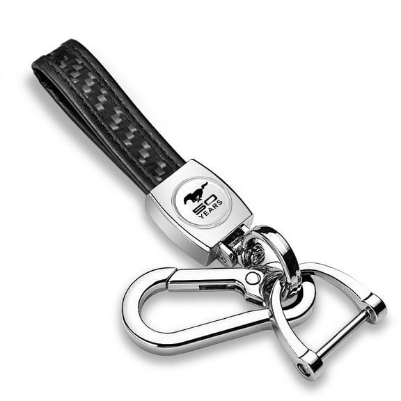 Ford Mustang 50 Years in White Real Carbon Fiber Strap Chrome Hook Key Chain