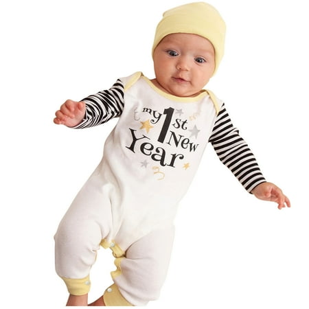 

My First New Year Clothes Baby Boy Girl New Year Outfits Stripes Letter Printed Romper Jumpsuit Hat Outfits Set