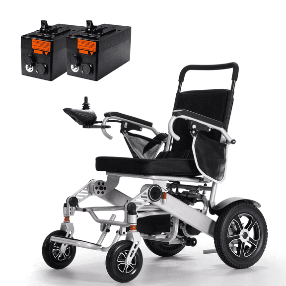 TEKAMON Lightweight Foldable Electric Wheelchair with 2 Batteries All Terrain Power Wheel Chair for Adults, Seniors, Elderly, Airline Approved, Silver