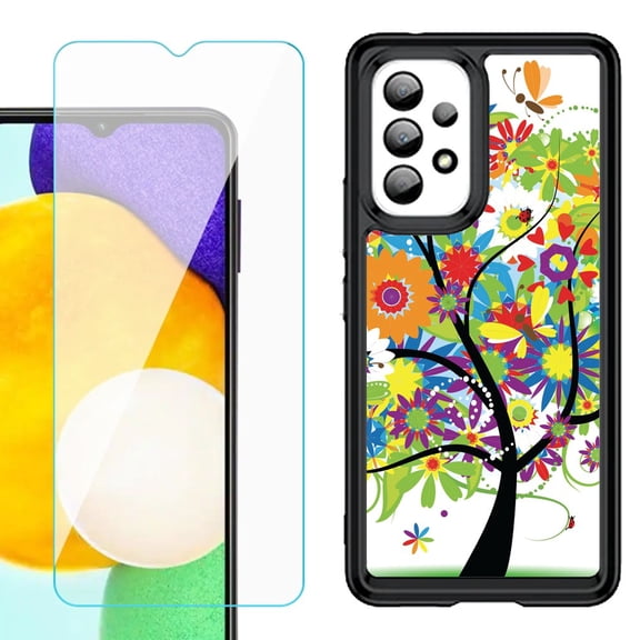 Shockproof Bumper (Black Frame) phone Case for Samsung Galaxy A23 5G, with Tempered Glass Screen Protector, by OneToughShield ® - Colorful Tree
