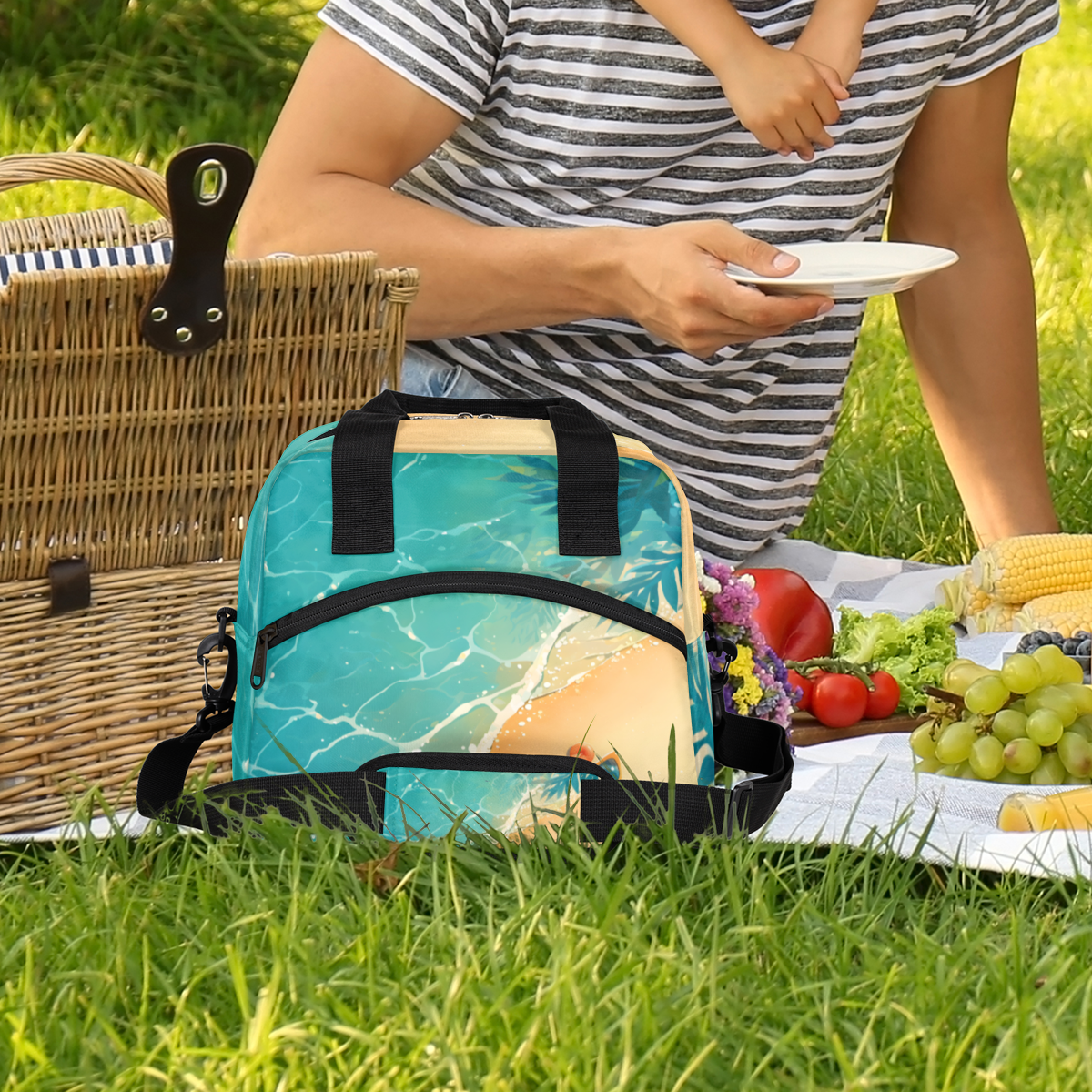 Herdesigns Ocean Insulated Lunch Bag for Women Men Adults Large Reusable Lunch Box Tropical Island Coastal Leakproof Cooler Tote Bags with Adjustable Shoulder Strap