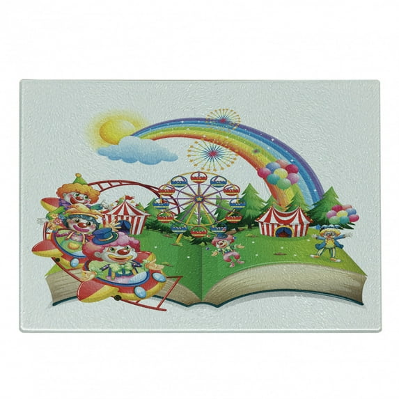Ferris Wheel Cutting Board, Dreamy Fun Circus Amusement Park with Rainbows and Clowns in a Book Cartoon, Decorative Tempered Glass Cutting and Serving Board, in 3 Sizes, by Ambesonne