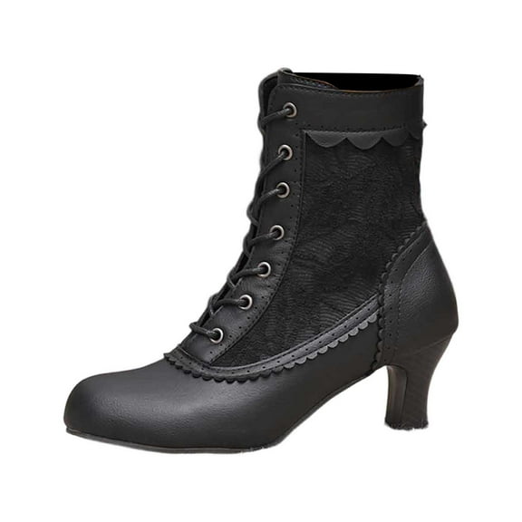 Women's Ankle Boots Elegant Lace Up Heel Booties for Fall Winter Season Comfortable Casual Fashion Footwear with Lace Design and Side Zipper Closure