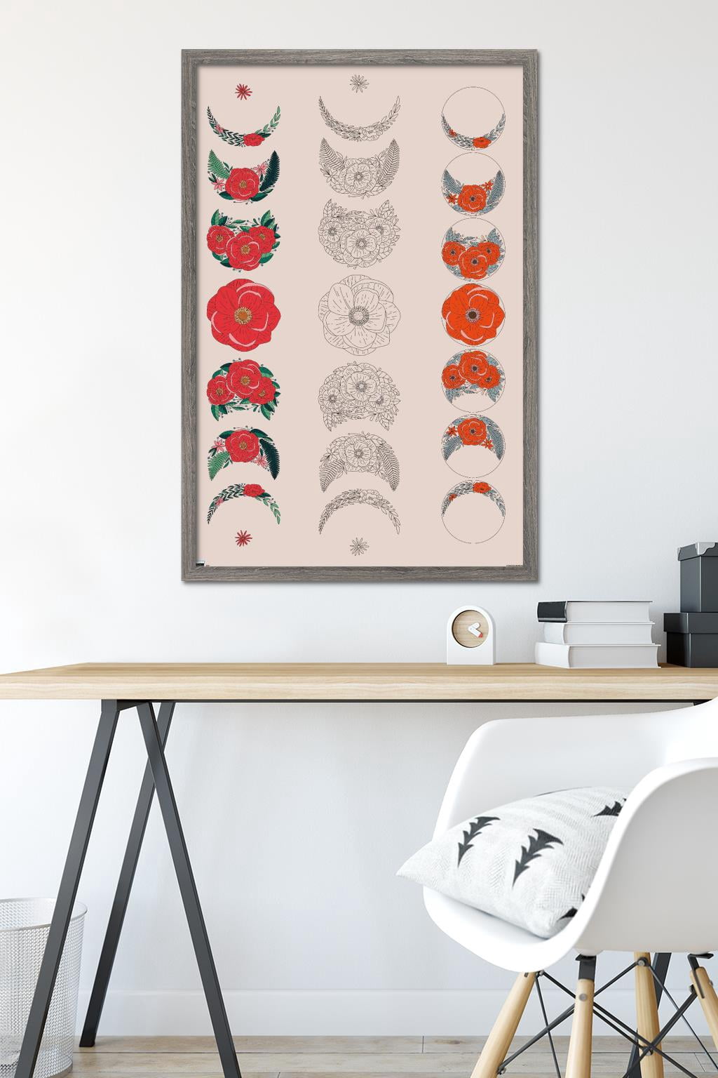 Floral Phases of the Moon Wall Poster, 22.375" x 34" Framed