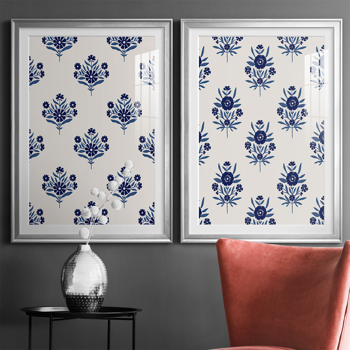 Wexford Home Indigo Bloom Pattern I Premium Framed Print, 30.5" x 42.5" - Ready to Hang, Silver (Set of 2)