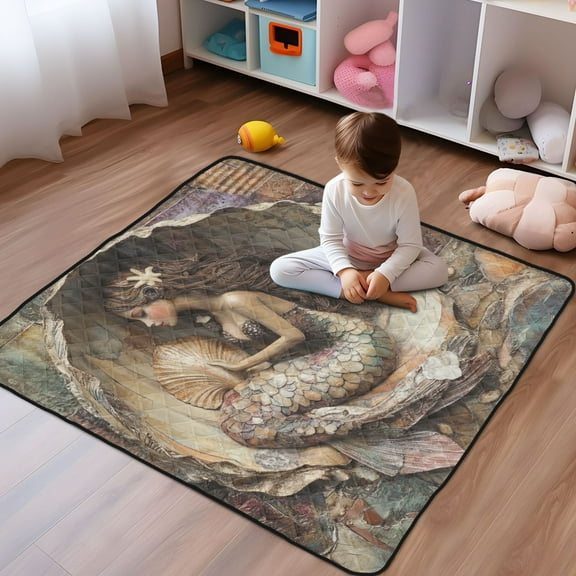 WOBOGO Mermaid Inside The Shell Baby Playmats Extra Large Waterproof Rollable Activity Pads for Toddlers 50×50inch