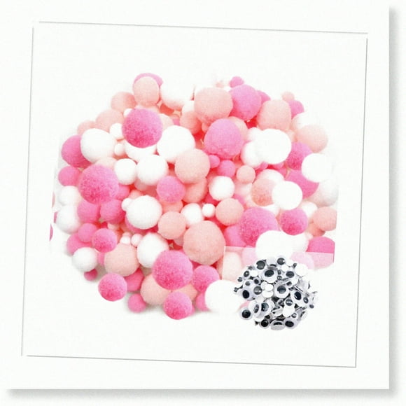 WhimsyCrafts 1300pcs White Pink Pompoms - Assorted Sizes Arts & Crafts Pom Poms Balls with 100pieces Wiggle Eyes for DIY Decorations