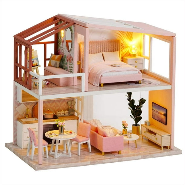 Baby House Mini Set, 3D Wooden Mini House with Furniture and Dust Cover,  Mini Baby House Set (Style 1) 